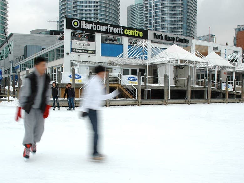 Skaters are a blur as they take to the ice at the free outdoor rink at Toronto's Harbourfront Centre. The large ice surface edges Lake Ontario and offers skating lessons, skate sharpening and skate rentals. 
