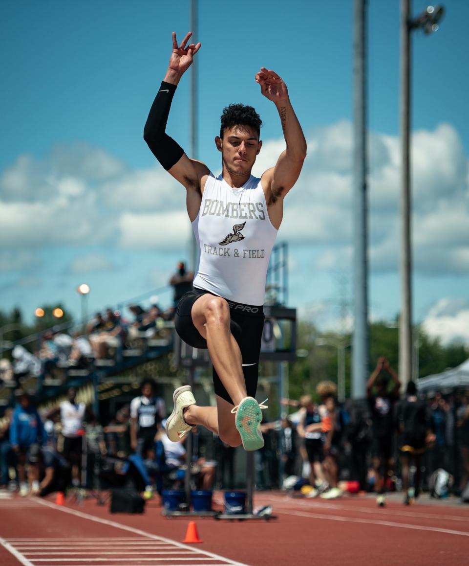 East Rochester's Manuel Sepulveda competes in the triple jump during the 2022 NYSPHSAA Outdoor Track and Field Championships in Syracuse on Friday, June 10, 2022.