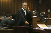 State prosecutor Gerrie Nel, questions Oscar Pistorius in court in Pretoria, South Africa, Tuesday, April 15, 2014. Pistorius is charged with the murder of his girlfriend Reeva Steenkamp, on Valentines Day in 2013. (AP Photo/Alon Skuy, Pool)