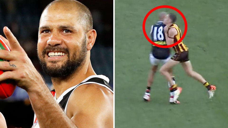 The AFL Tribunal will hear a challenge from St Kilda ruckman Paddy Ryder over the two-week ban he earned for this hit on Hawthorn's Will Day. Pictures: Getty Images/AFL