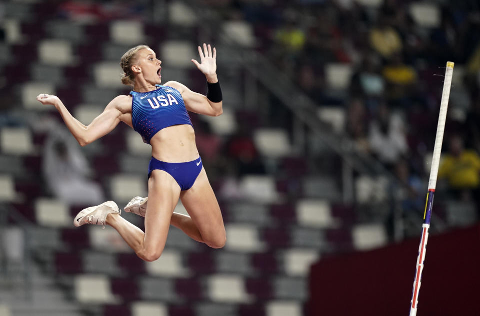 FILE - In this Sept. 29, 2019, file photo, Katie Nageotte, of the United States, competes in the women's pole vault final at the World Athletics Championships in Doha, Qatar. Three of the leading women’s pole vaulters will take their turn to compete in the second edition of the Ultimate Garden Clash. Katerina Stefanidi of Greece, Katie Nageotte of the United States and Alysha Newman of Canada will participate in the event but won’t be competing in their backyards since they don’t have the equipment at home. They will instead be at nearby training facilities. (AP Photo/David J. Phillip, File)