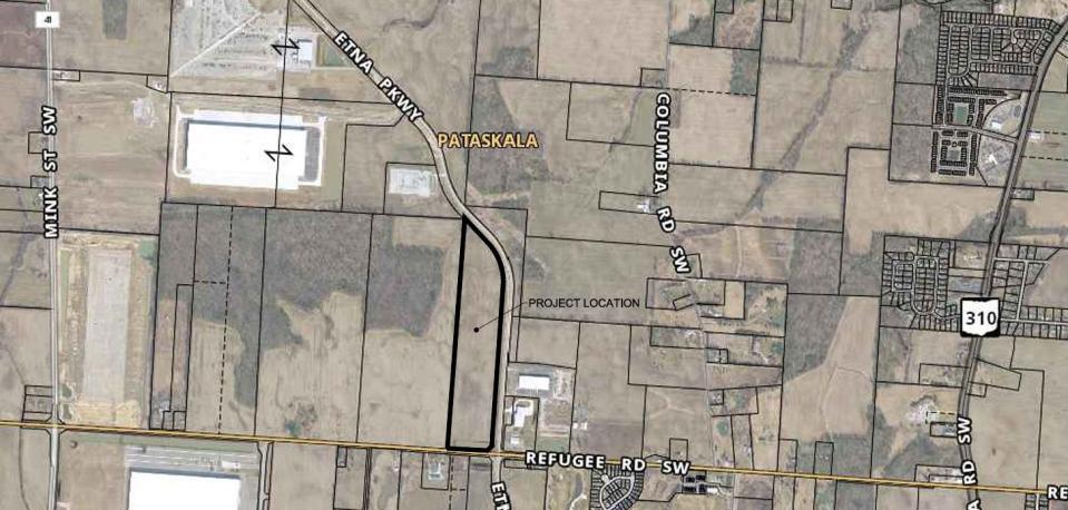 A map shows the site for two proposed warehouses on 43-acre property on the northwest corner of Etna Parkway and Refugee Road.