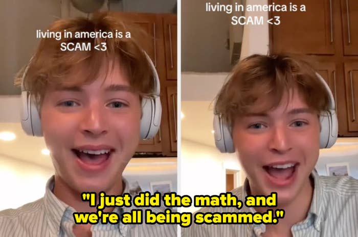 Person smiling with headphones, text reads "living in america is a SCAM &lt;3"