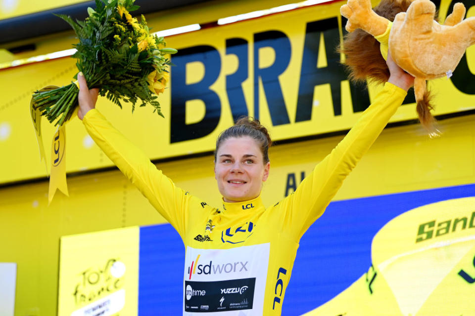 ALBI FRANCE  JULY 27 Lotte Kopecky of Belgium and Team SD Worx  Protime  Yellow Leader Jersey celebrates at podium during the 2nd Tour de France Femmes 2023 Stage 5 a 1261km stage from OnetleChteau to Albi 572m  UCIWWT  on July 27 2023 in Albi France Photo by Tim de WaeleGetty Images