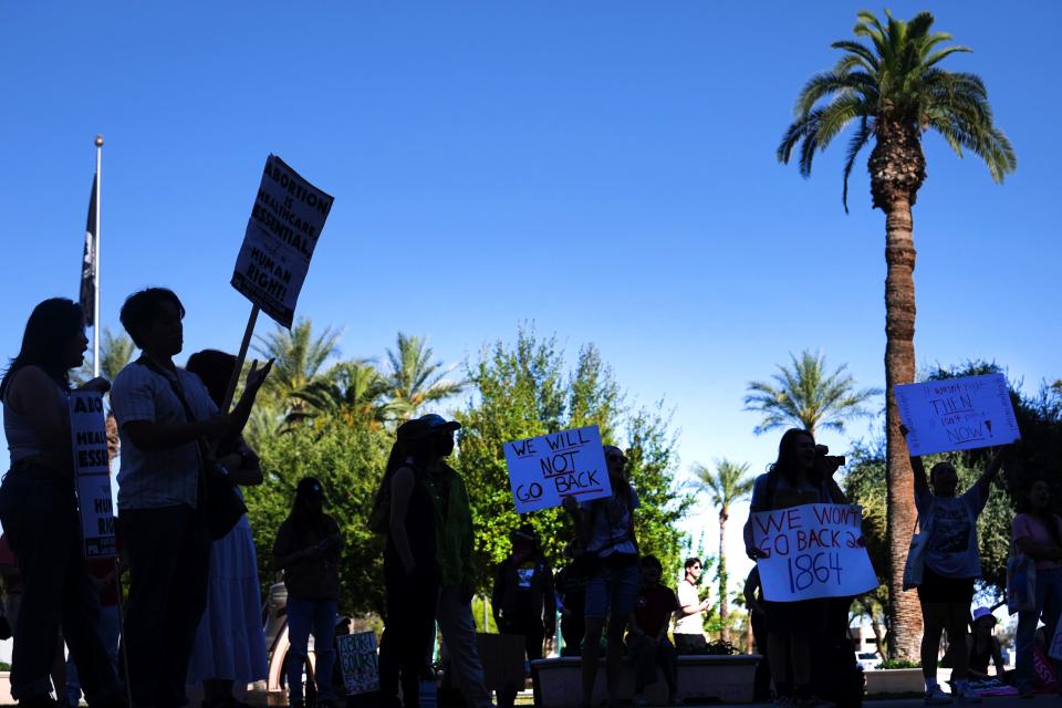 Protesters gather at the Capitol in downtown Phoenix on April 11, 2024.