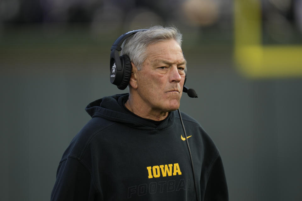 Iowa head coach Kirk Ferentz stands on the sideline during the first half of an NCAA college football game against Northwestern, Saturday, Nov. 4, 2023, at Wrigley Field in Chicago. (AP Photo/Erin Hooley)