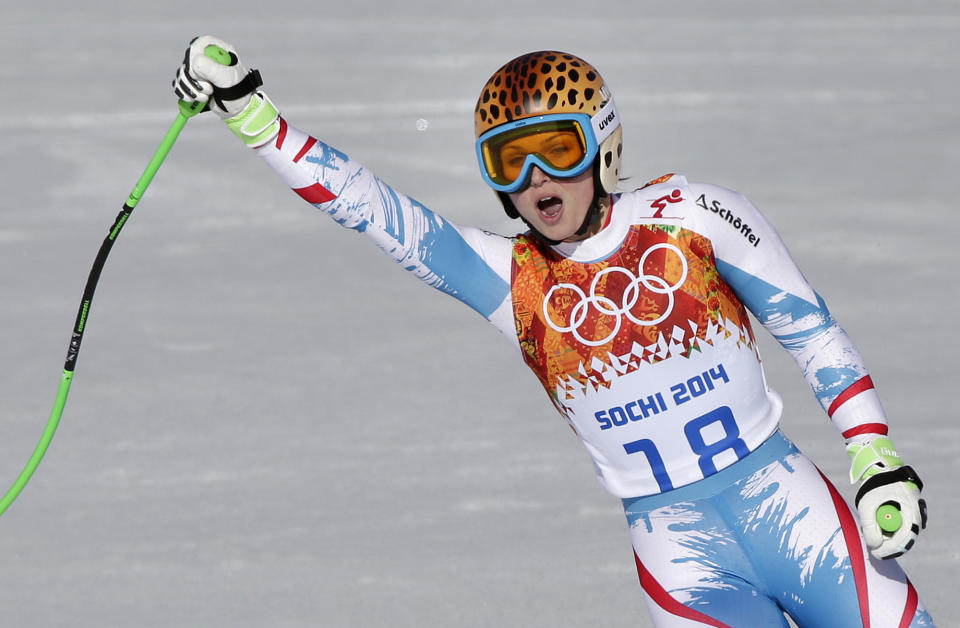 Austria's Anna Fenninger comes to a halt at the end of the women's super-G at the Sochi 2014 Winter Olympics, Saturday, Feb. 15, 2014, in Krasnaya Polyana, Russia. (AP Photo/Gero Breloer)