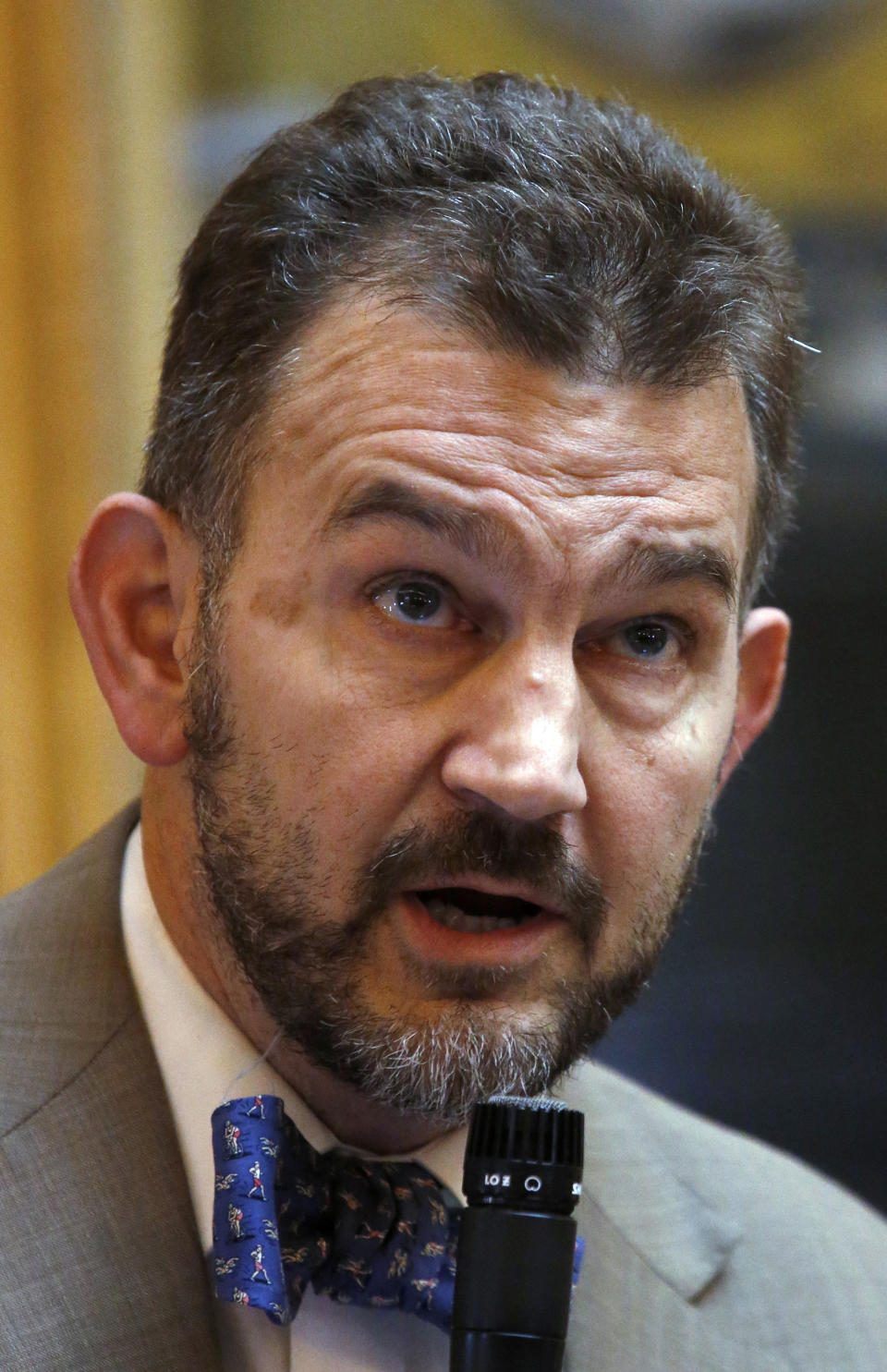 Sen. Chap Petersen, D-Fairfax, speaks for SB70, the Universal Background Check bill as it was debated in the Virginia Senate inside the State Capitol in Richmond, Va., Thursday, Jan. 16, 2020. (Bob Brown/Richmond Times-Dispatch via AP)