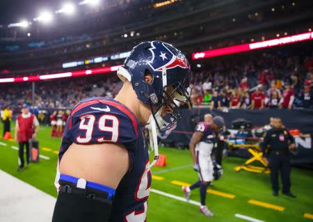 FILE PHOTO: Jan 5, 2019; Houston, TX, USA; Houston Texans defensive end J.J. Watt reacts as he leaves the field after losing to the Indianapolis Colts during the AFC Wild Card at NRG Stadium. Mandatory Credit: Mark J. Rebilas-USA TODAY Sports