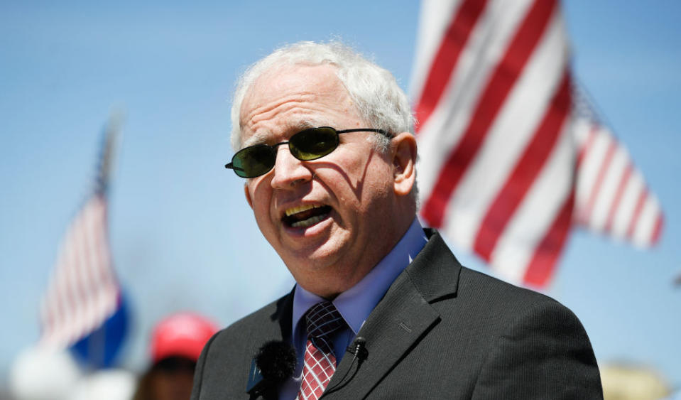 John Eastman speaks at a news conference in Boulder, Colorado, on Thursday, April 29, 2021. / Credit: Andy Cross/MediaNews Group/The Denver Post via Getty Images