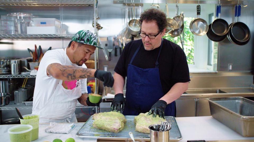 The duo at work marinating pork.&nbsp; (Photo: Netflix)