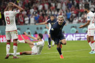 France's Antoine Griezmann runs after scoring a disallowed goal during the World Cup group D soccer match between Tunisia and France at the Education City Stadium in Al Rayyan , Qatar, Wednesday, Nov. 30, 2022. (AP Photo/Christophe Ena)