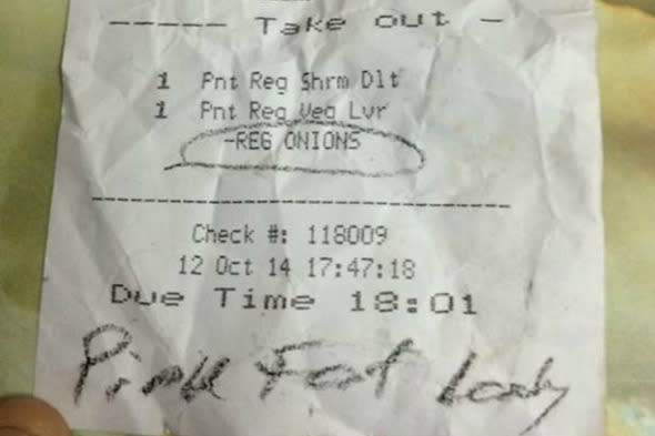 Receipt showing the words 'pink fat lady'