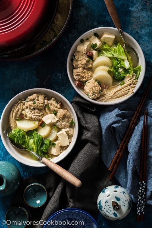 <p>Omnivore's Cookbook</p><p> A hearty Napa cabbage soup with tender meatballs and tofu, that's loaded with winter vegetables.</p><p><strong>Get the recipe: </strong><a href="https://omnivorescookbook.com/napa-cabbage-soup" rel="nofollow noopener" target="_blank" data-ylk="slk:Napa Cabbage Soup with Meatballs;elm:context_link;itc:0;sec:content-canvas" class="link ">Napa Cabbage Soup with Meatballs</a></p>