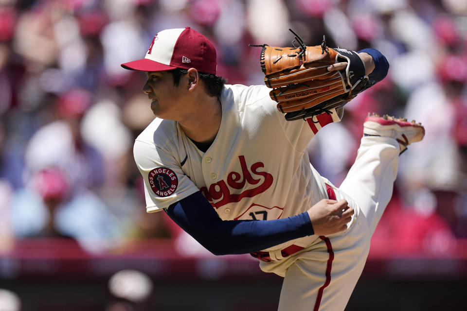 Los Angeles Angels starting pitcher Shohei Ohtani throws to the plate during the second inning of a baseball game against the Cincinnati Reds Wednesday, Aug. 23, 2023, in Anaheim, Calif. (AP Photo/Mark J. Terrill)