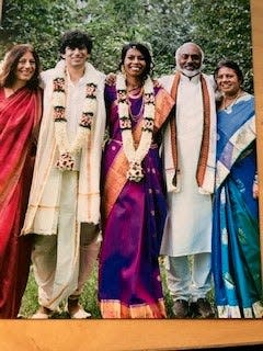 From left, Rekha Basu and her son Raj Borsellino, his wife, Aadhithi Padmanabhan, and her parents. Aadhithi was raised in Singapore after being born in India. She came to the United States for college.