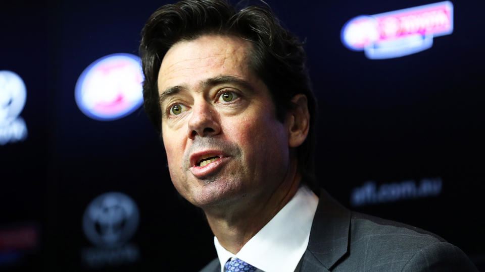 AFL CEO Gillon McLachlan, pictured here speaking to the media about the decision to start the season.