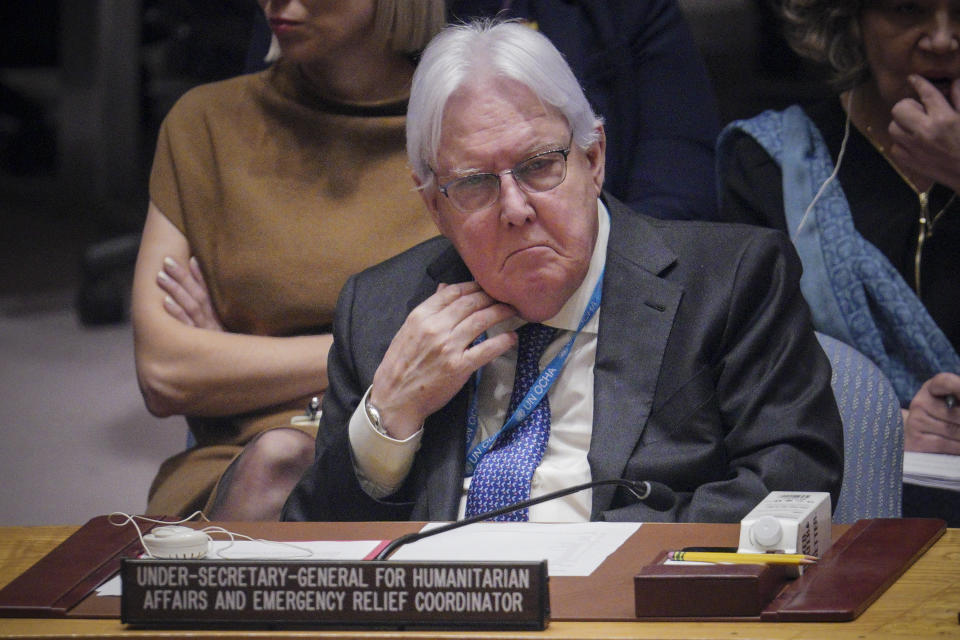 Martin Griffiths, United Nations under-secretary-general for humanitarian affairs and emergency relief, listen to debate after presenting a report on humanitarian impact of Russia's war in Ukraine, Tuesday Dec. 6, 2022 at U.N. headquarters. (AP Photo/Bebeto Matthews)