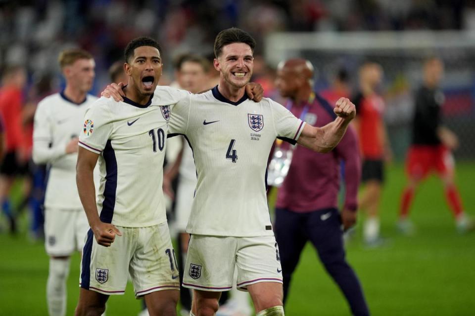 Jude Bellingham and Declan Rice celebrate England's win against Slovakia <i>(Image: PA)</i>