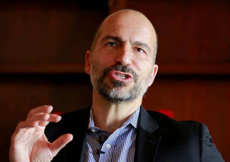 FILE PHOTO: Dara Khosrowshahi, CEO of Uber Technologies, speaks with the media in New Delhi