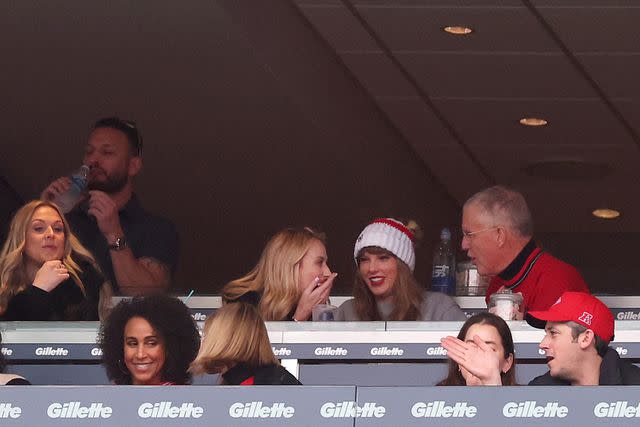 <p>Maddie Meyer/Getty</p> Brittany Mahomes, Taylor Swift and Scott Swift at the Kansas City Chiefs game on Dec. 17.