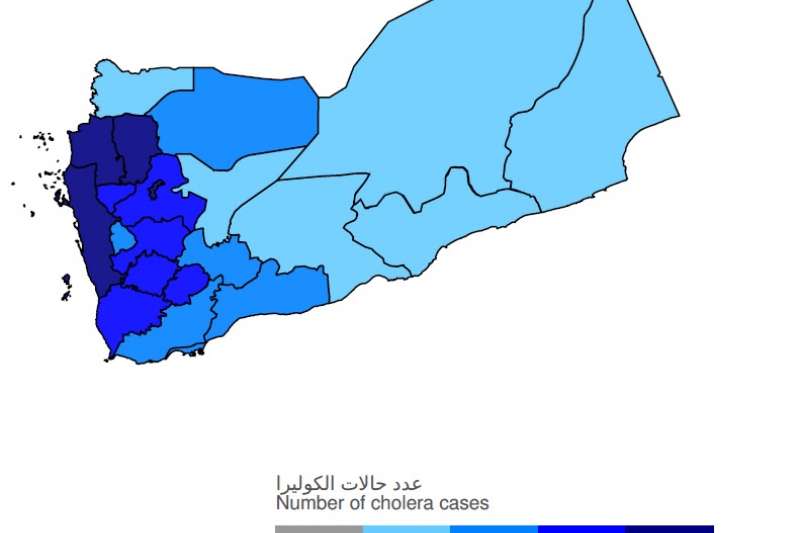WHO葉門霍亂報告書裡的葉門霍亂案例分布圖，圖中可見胡塞組織控制的葉門西北部案例最多。（取自葉門霍亂報告書）