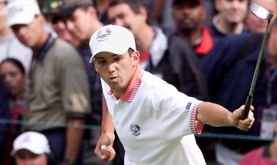 Sergio García reacts to seeing his putt drop in a foursomes match during his first Ryder Cup, at Brookline in 1999