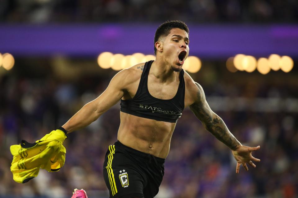 Nov 25, 2023; Orlando, Florida, USA; Columbus Crew forward Cucho Hernández (9) celebrates scoring a goal against Orlando City in the second half of extra time in a MLS Cup Eastern Conference Semifinal match at Exploria Stadium. Mandatory Credit: Morgan Tencza-USA TODAY Sports