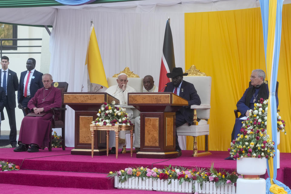 From left, the Archbishop of Canterbury Justin Welby, Pope Francis, South Sudan's President Salva Kiir and the Moderator of the General Assembly of the Church of Scotland Iain Greenshields deliver their speeches during a meeting at Juba's Presidential Palace, South Sudan, Friday, Feb. 3, 2023. Francis is in South Sudan on the second leg of a six-day trip that started in Congo, hoping to bring comfort and encouragement to two countries that have been riven by poverty, conflicts and what he calls a "colonialist mentality" that has exploited Africa for centuries. (AP Photo/Gregorio Borgia)