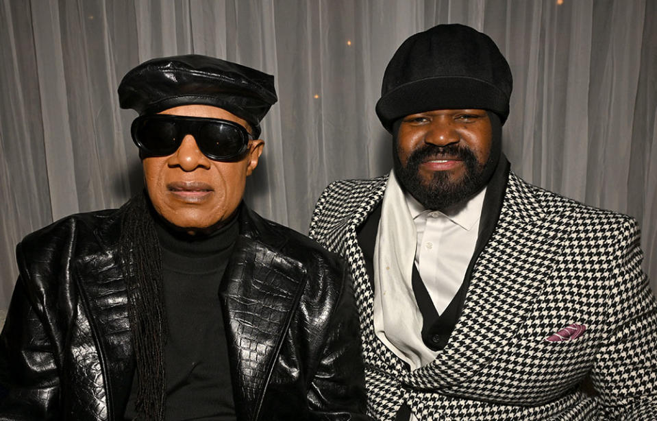 Stevie Wonder and Gregory Porter attend Universal Music Group's 2024 After Party presented by Coke Studios and Merz Aesthetics' #SmartTox at Nya Studios on February 04, 2024 in Los Angeles, California.