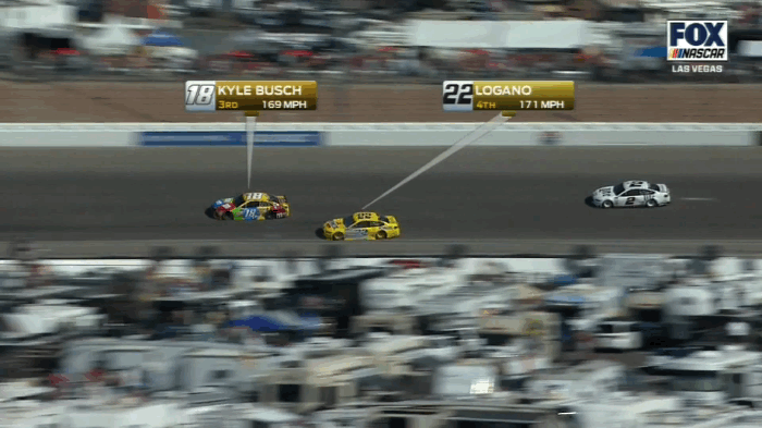 Kyle Busch and Joey Logano on the last lap. (Fox)