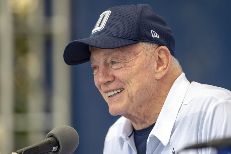 Dallas Cowboys owner Jerry Jones takes questions during the "state of the team" press conference at the start of the team's NFL training camp, Wednesday, July 25, 2018, in Oxnard, Calif. (AP Photo/Gus Ruelas)