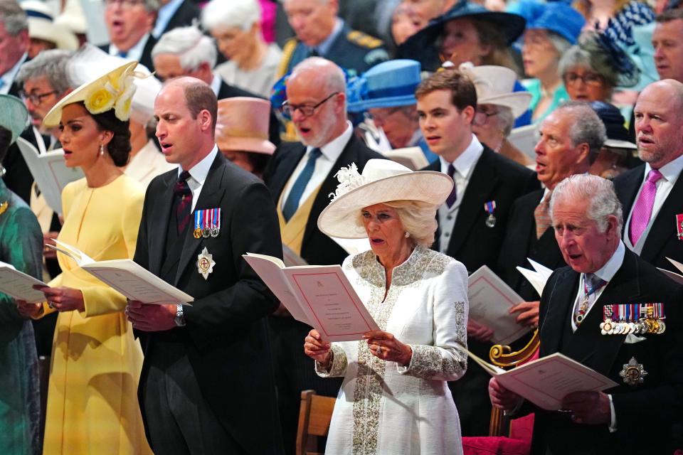 Catherine, Duchess of Cambridge, Prince William, Duke of Cambridge, Camille, Duchess of Cornwall and Prince Charles, Prince of Wales attend the National Service of Thanksgiving.