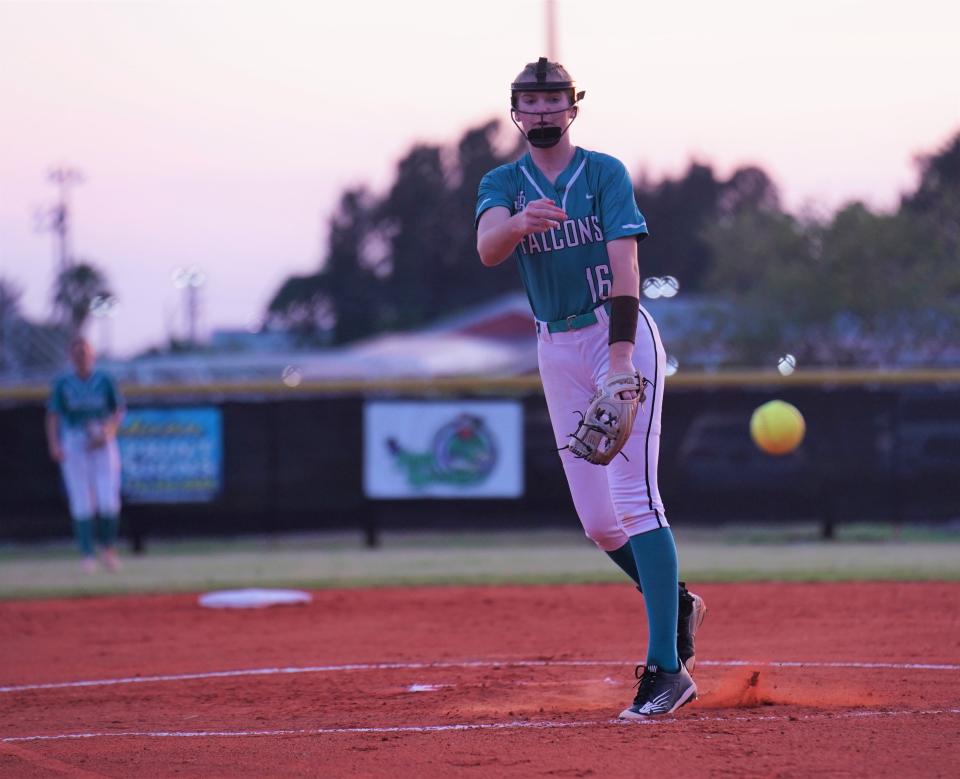 Jensen Beach's Mallory Wheeler fires to the plate against South Fork in a high school softball game on Friday, Feb. 24, 2023 in Jensen Beach. The Bulldogs won 8-5.