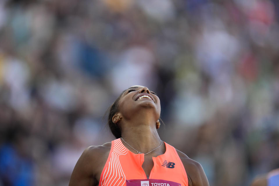 Gabby Thomas reacts after winning the women's 200 meters final during the U.S. track and field championships in Eugene, Ore., Sunday, July 9, 2023. (AP Photo/Ashley Landis)