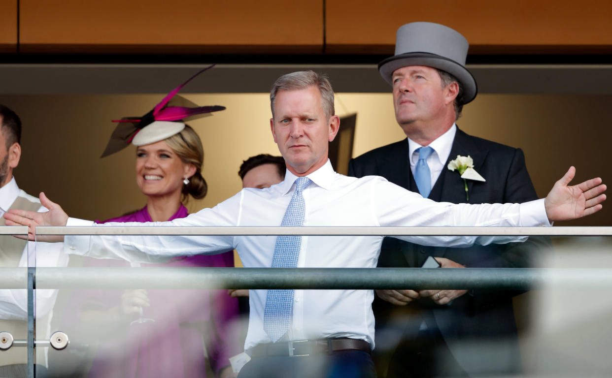 ASCOT, UNITED KINGDOM - JUNE 20: (EMBARGOED FOR PUBLICATION IN UK NEWSPAPERS UNTIL 24 HOURS AFTER CREATE DATE AND TIME) Charlotte Hawkins, Jeremy Kyle and Piers Morgan watch the racing on day 2 of Royal Ascot at Ascot Racecourse on June 20, 2018 in Ascot, England. (Photo by Max Mumby/Indigo/Getty Images)