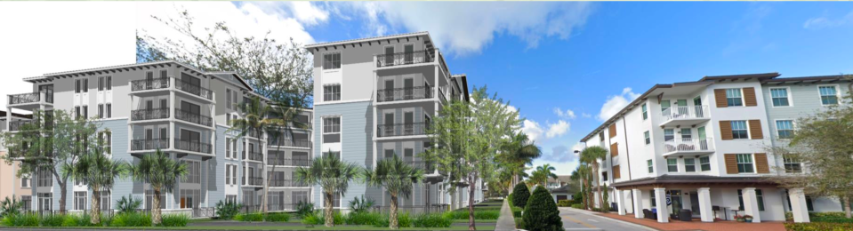Rendering of a five-story apartment complex that could rise on the last three empty lots at Abacoa in Jupiter, Fla.