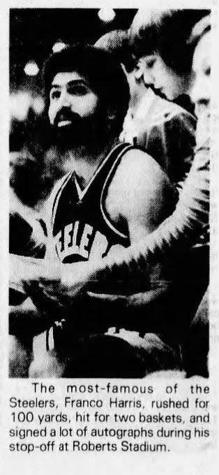 Franco Harris at the benefit basketball game at Roberts Stadium in February 1978.