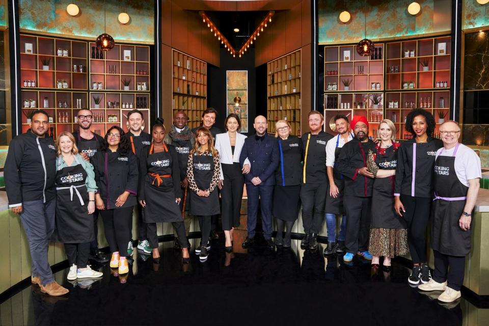 michael caines mbe, joanna page, matt willis, shelina permalloo, ellis barrie, indiyah polack, chris eubank, samia longchambon, jean christophe novelli, emma willis, tom allen, rosemary shrager, jack stein, peter andre, tony singh mbe, claire richards, april jackson and jason watkins from cooking with the stars