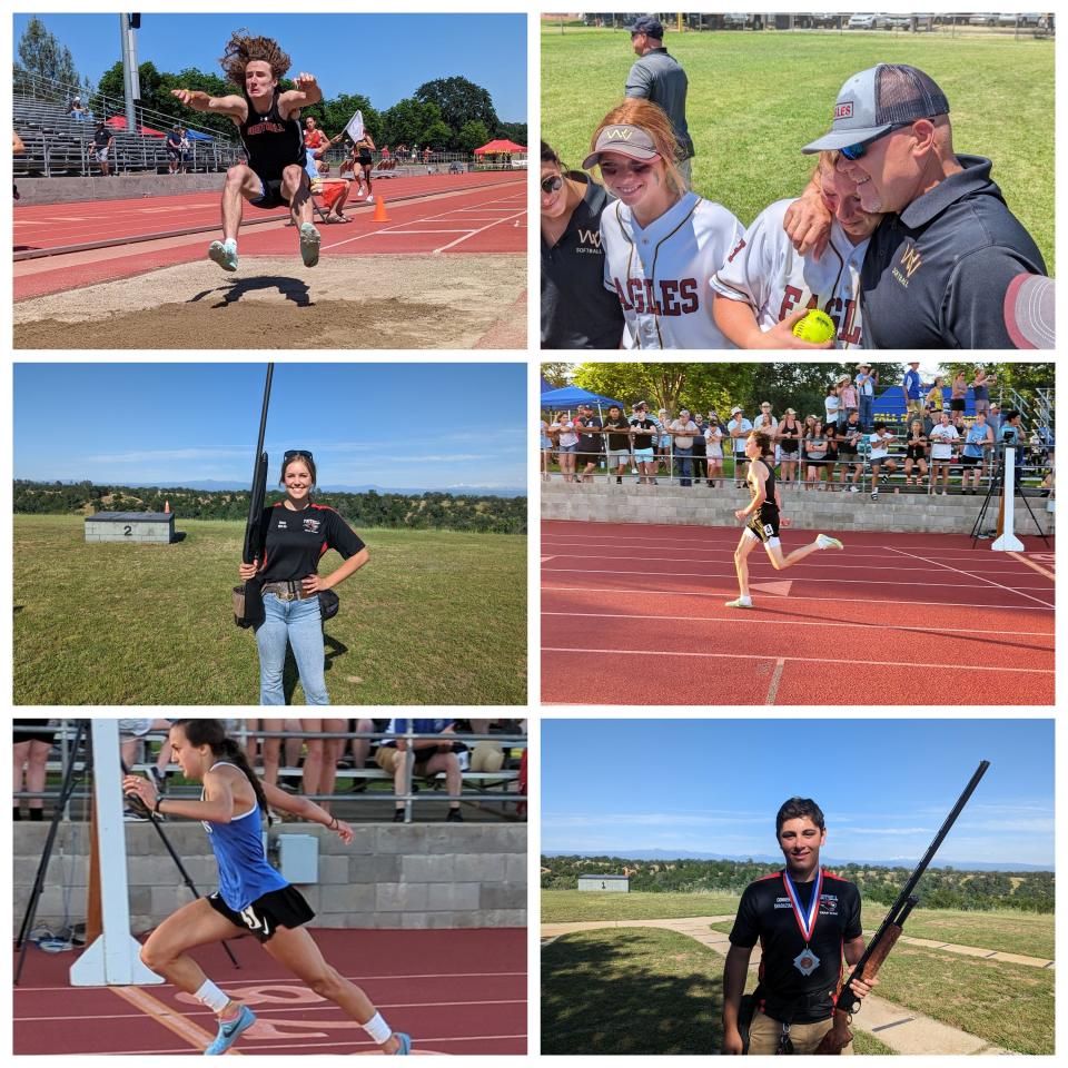Foothill junior track athlete Chris Hall (top left), West Valley senior Cabria Childers (top right), Foothill senior trap shooter Mia Taylor (middle left), Foothill senior track athlete Caden Rowe (middle right), U-Prep senior Emma Gaddy (bottom left) and Foothill senior trap shooter Conner Shabazian (bottom right) earned the Shasta Family Athletes of the Week award.