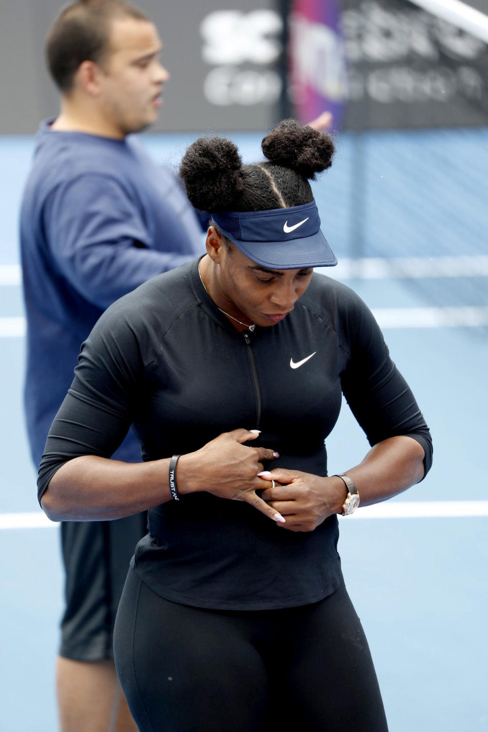 United States' Serena Williams prepares for a practice session at the ASB Classic tennis tournament in Auckland, New Zealand, Friday, Dec. 30, 2016. Williams has announced her engagement to Reddit co-founder Alexis Ohanian. The tennis great posted a poem on the social news website that she accepted his proposal. (Dean Purcell/New Zealand Herald via AP)