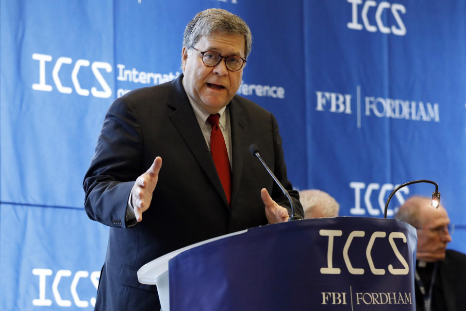 U.S. Attorney General William Barr addresses the International Conference on Cyber Security, hosted by the FBI and Fordham University, at Fordham University in New York, Tuesday, July 23, 2019. (AP Photo/Richard Drew)