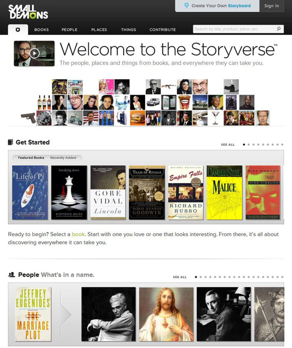 This computer image released by SmallDemons.com shows the home page of Small Demons, an encyclopedia and “Storyverse” that catalogues names, places, songs, products and other categories for thousands of books. (AP Photo/SmallDemons.com)