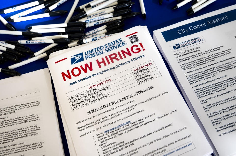 Garden Grove, CA - January 04: People were able to apply for jobs at the U.S. post office in Garden Grove, CA on Tuesday, January 4, 2022. The post office is holding job fairs as part of 