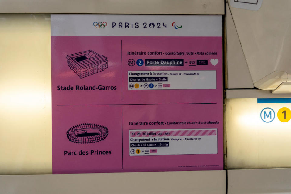 A temporary display, seen in June, in Metro Line 1 illustrating the best routes to the Stade Roland-Garros and Parc des Princes sites for the 2024 Olympic Games in Paris.<span class="copyright">Antoine Boureau—Hans Lucas/AFP/Getty Images</span>