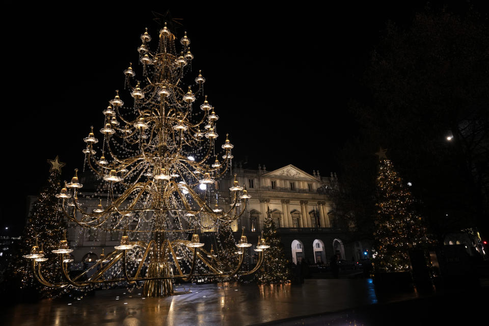 A view of the Italy's La Scala opera house before the premiere of Modest Mussorgsky's Boris Godunov in Milan, Italy, Wednesday, Dec. 7, 2022. Italy’s most famous opera house, Teatro alla Scala, opened its new season Wednesday with the Russian opera “Boris Godunov,” against the backdrop of Ukrainian protests that the cultural event is a propaganda win for the Kremlin during Russia’s invasion of Ukraine. (AP Photo/Antonio Calanni)