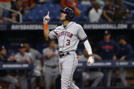 Houston Astros' Jeremy Pena celebrates after hitting a run against the Tampa Bay Rays during the third inning of a baseball game Monday, April 24, 2023, in St. Petersburg, Fla. (AP Photo/Scott Audette)