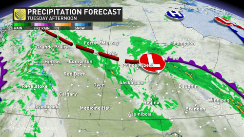 Tuesday afternoon Prairies precipitation timing