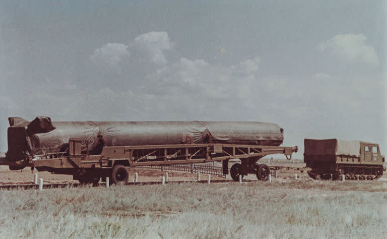 An R-5M missile transported toward its launch pad