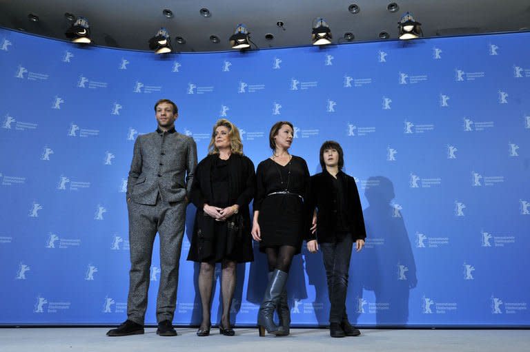 (LtoR) US French actor Paul Hamy, French actress Catherine Deneuve, French director Emmanuelle Bercot and actor Nemo Schiffman pose during a photocall for the film "On My Way" (Elle s'en va) competing in the 63rd Berlin International Film Festival Berlinale in Berlin on February 15, 2013